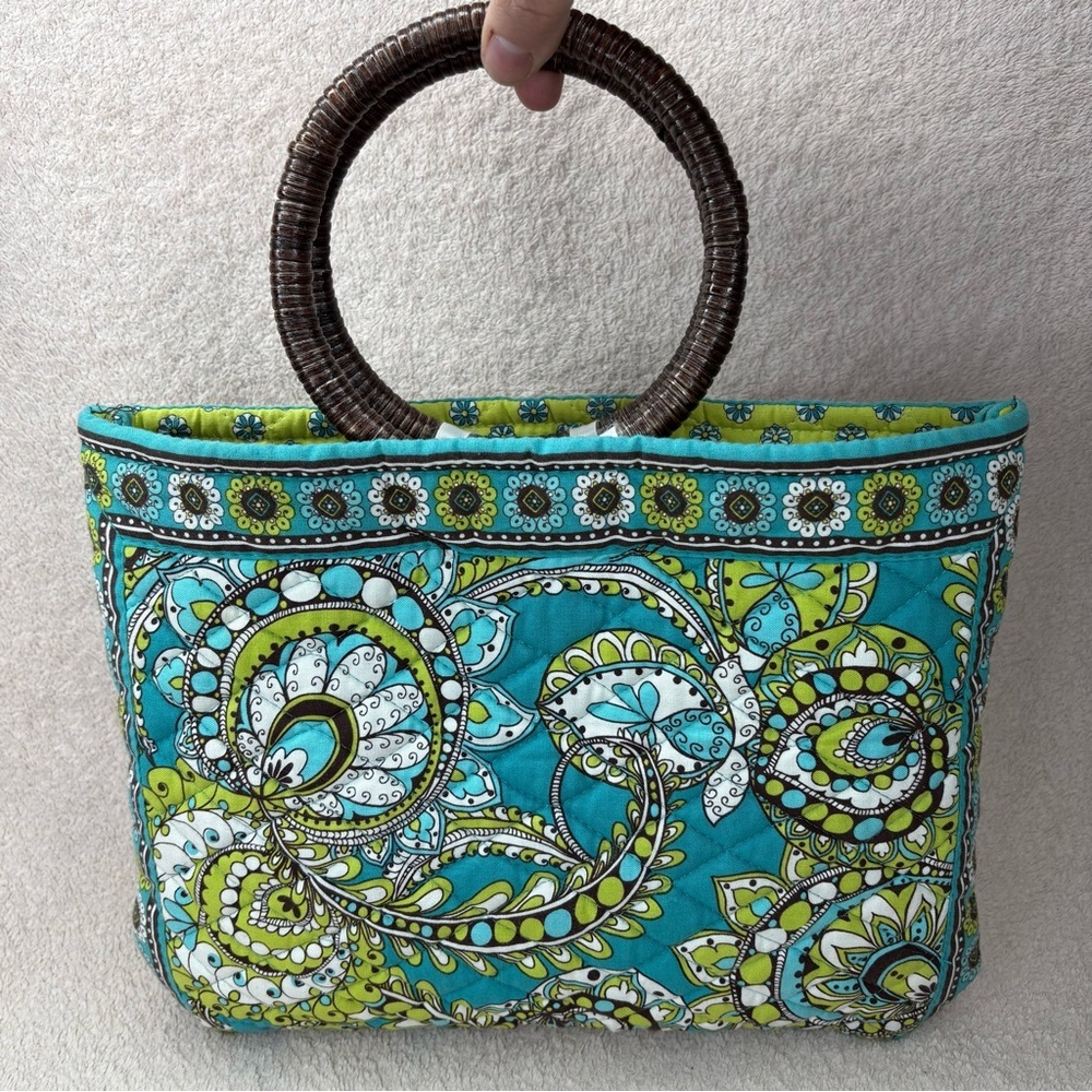 Vera Bradley Quilted Purse Wrapped Wooden Handle Green/Blue/Brown Resort Casual